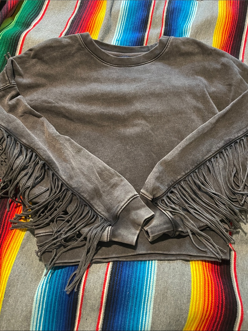 GAP Charcoal Faded Gray Fringe Sleeve Crewneck Sweatshirt